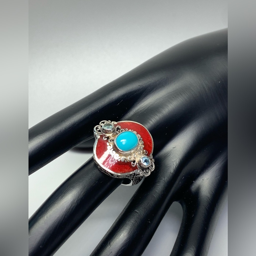 Sterling Silver Turquoise & Coral Statement Ring - Blue & Red